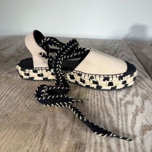 Fabiolas Suede Checkered Lace-Up Espadrille Platform Sandal - Beige & Black 36